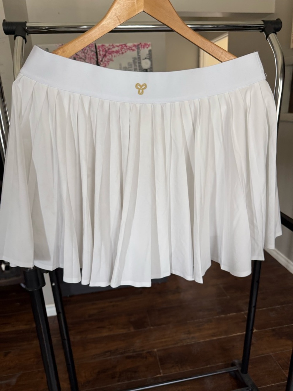 Aritzia White Pleated Circle Skirt with Gold Emblem
